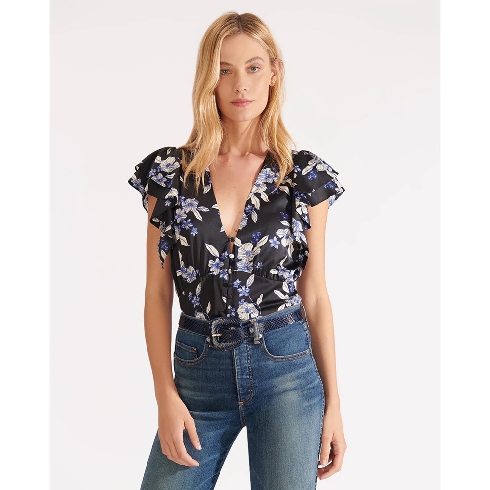 Veronica Beard Polly Silk V-Neck Ruffle Sleeve Top